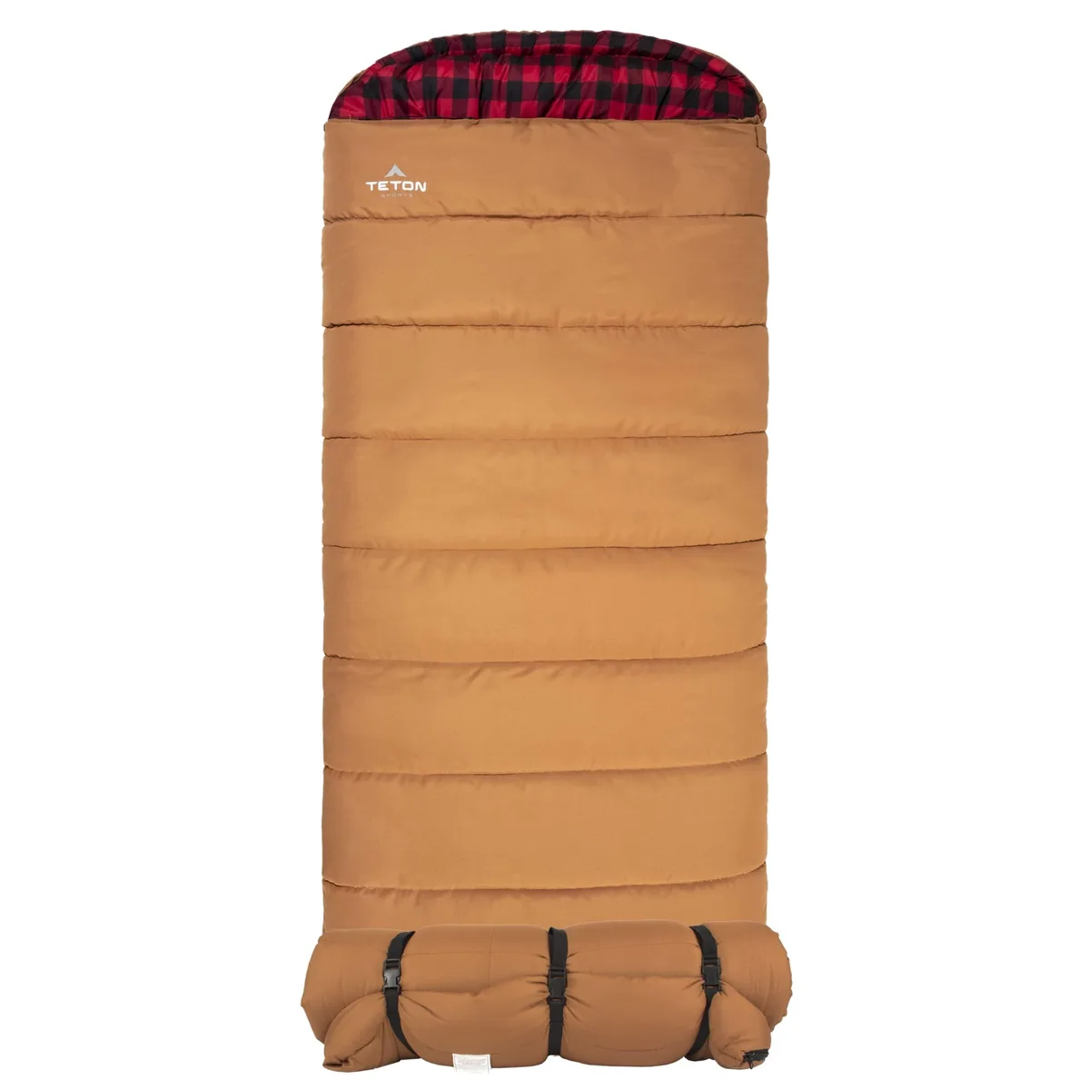 Brown rectangular sleeping bag with canvas shell, flannel lining, left-side zipper, 90 by 39 inches
