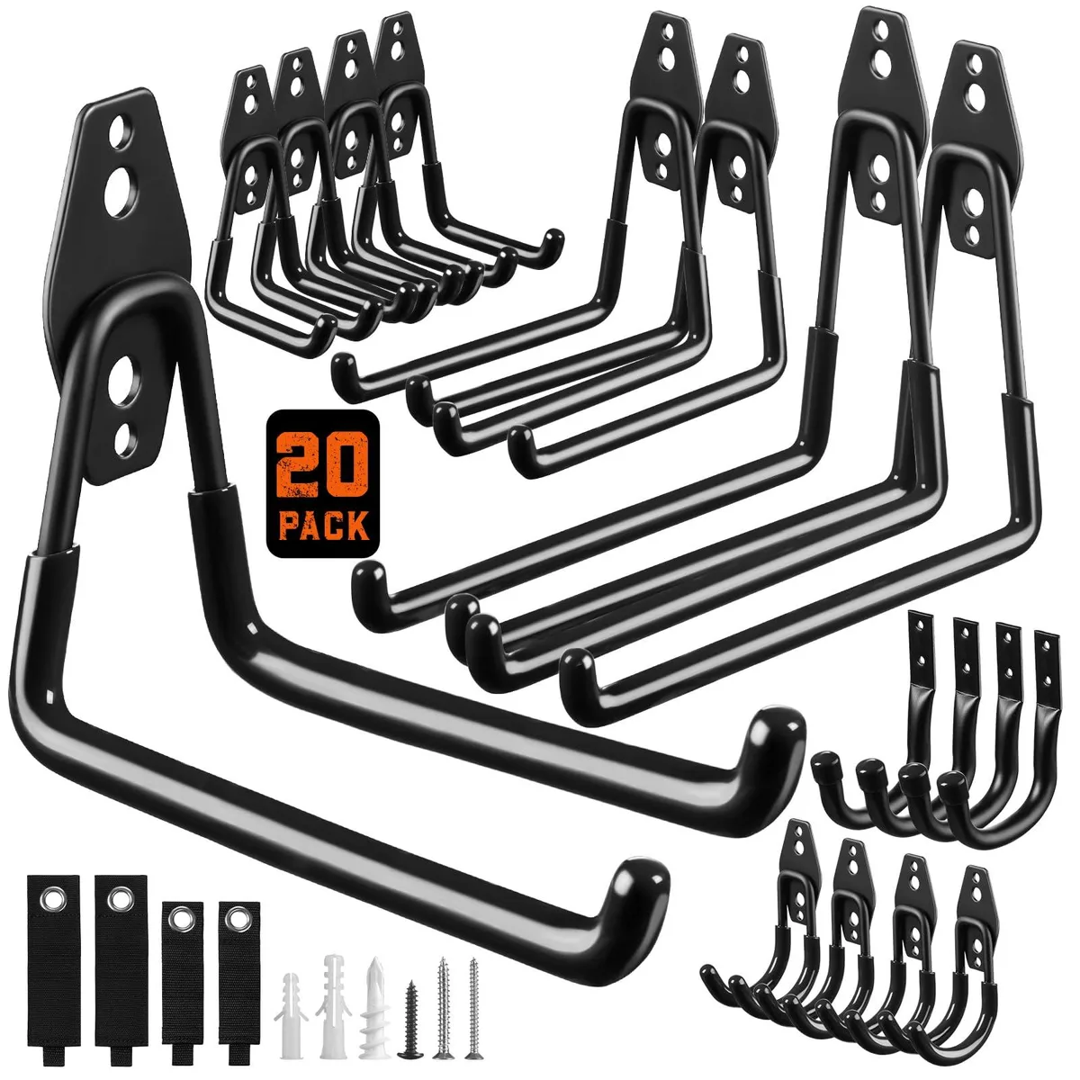 Black steel wall-mount hooks with anti-slip coating, 20 pieces in five shapes
