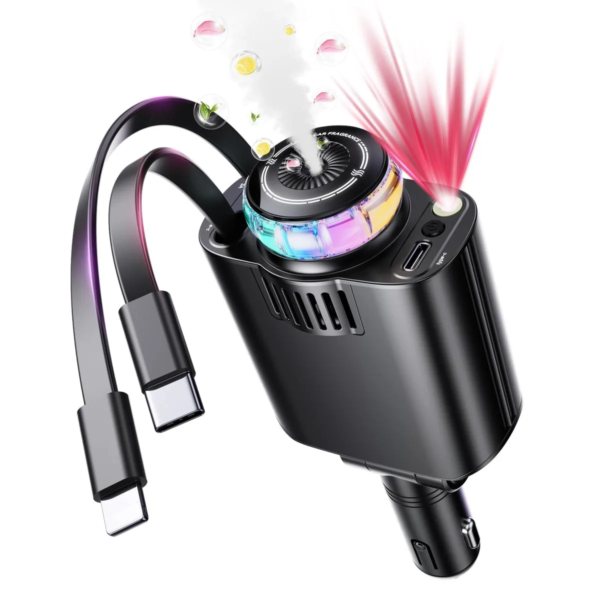 Luienao 5 in 1 retractable car charger with aromatherapy diffuser and starry sky projector, 69W