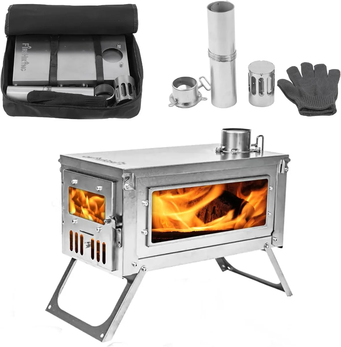 Titanium folding camping stove with glass window and folding legs, metallic grey finish