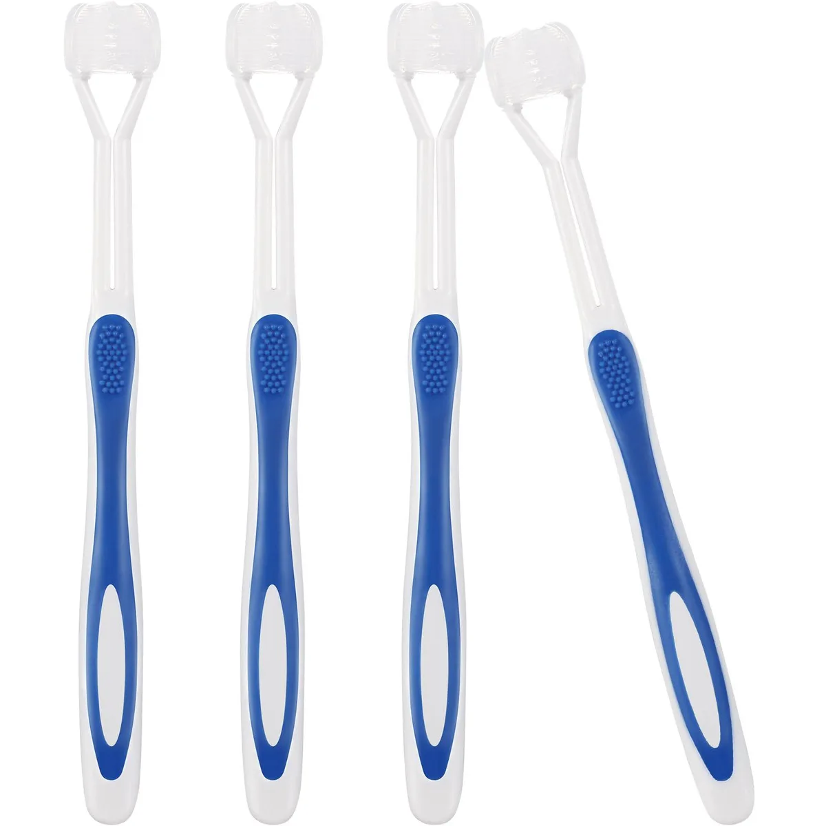 Four blue three-sided toothbrushes with white handles, 7.1 inch length
