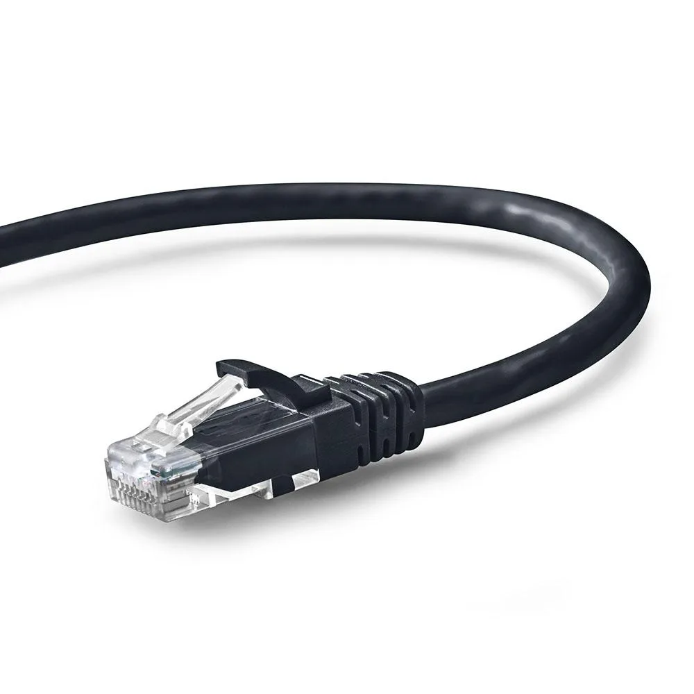 Black Cat5e snagless Ethernet patch cable 25 ft with gold RJ45 connectors and strain relief boots