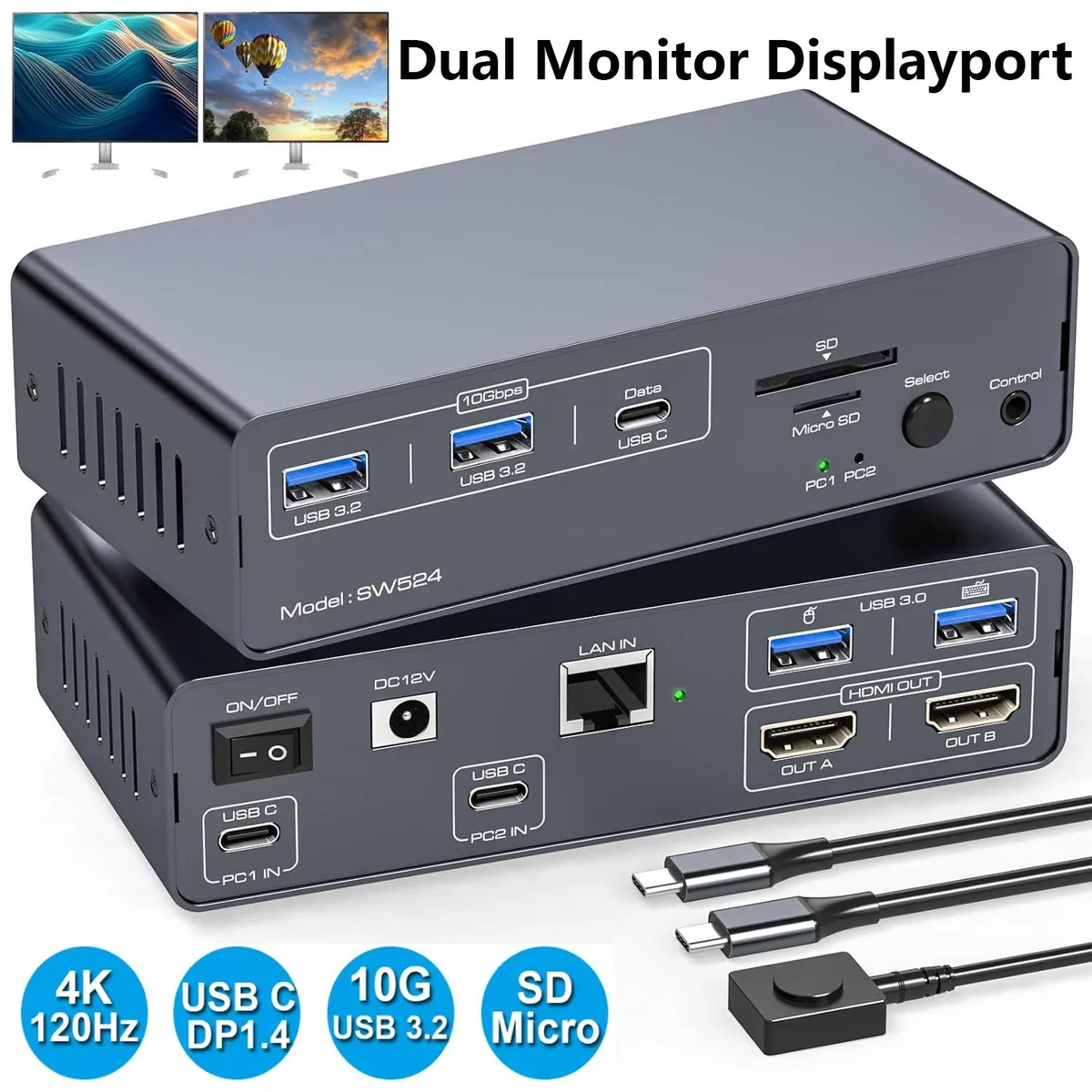 IHDAPP IHDAPP AT-SW523-2DP 13-in-1 KVM Switch 4K@120Hz USB 3.2 DP 1.4 — product photo