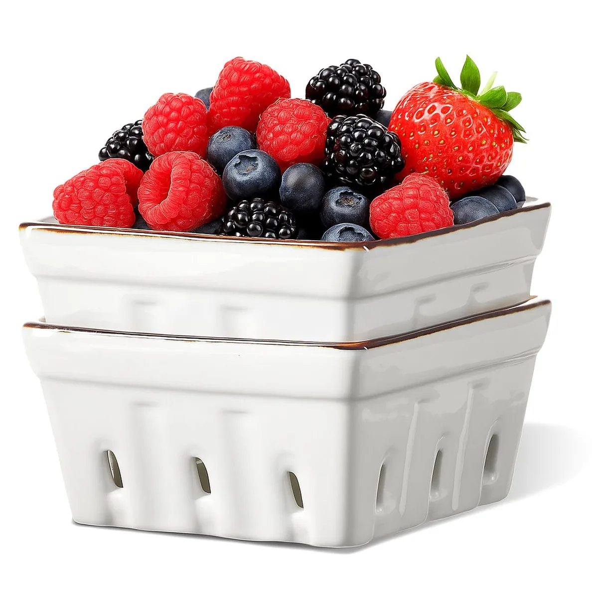 Two cream-white ceramic berry bowls with brown rims and drainage holes, 5.8 inch round shape, set of two