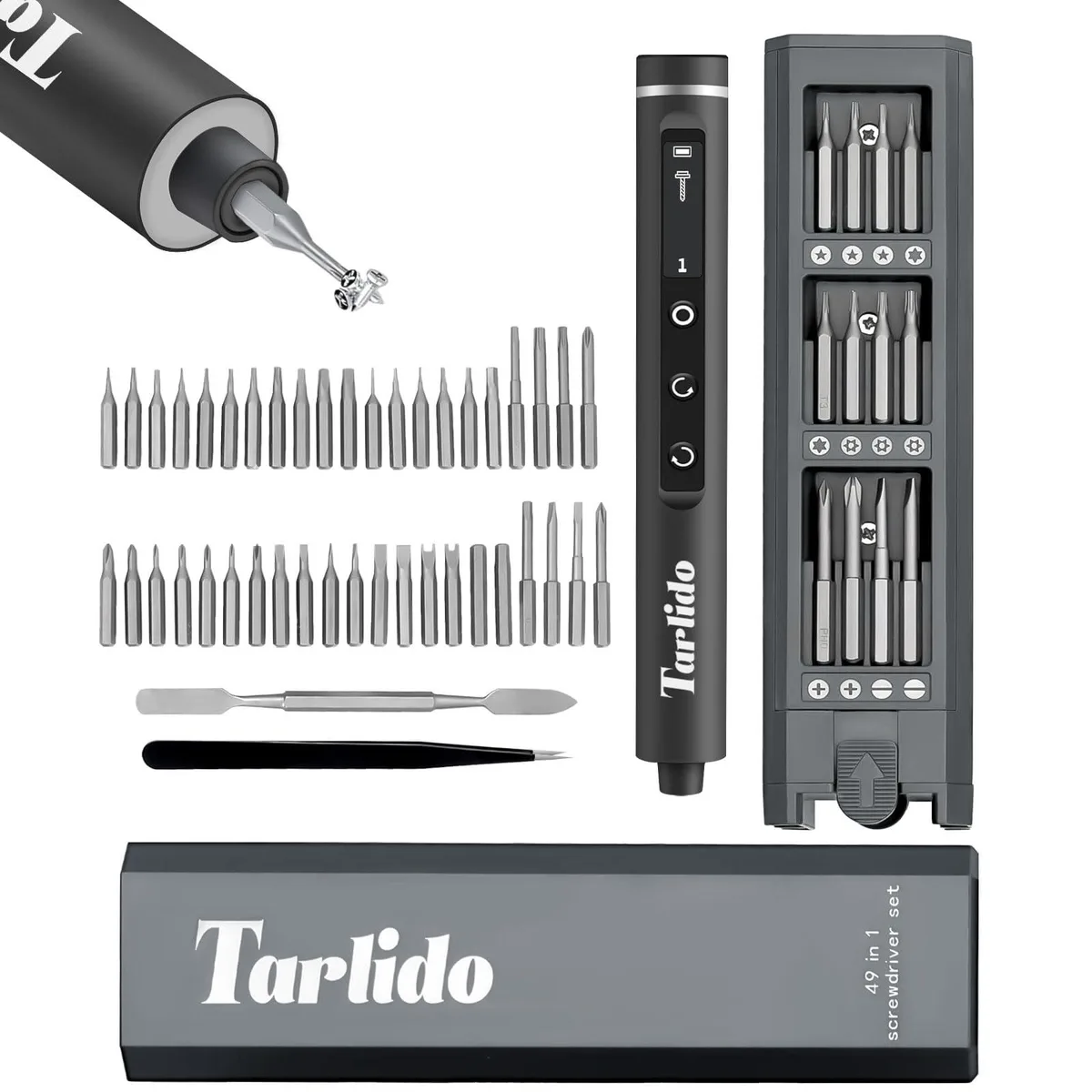 Black cordless precision screwdriver with magnetic bit case and 42 bits