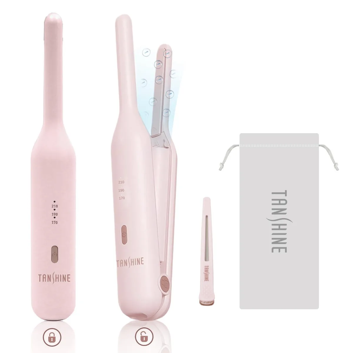 Compact white cordless mini flat iron with ceramic titanium plates and heat cap