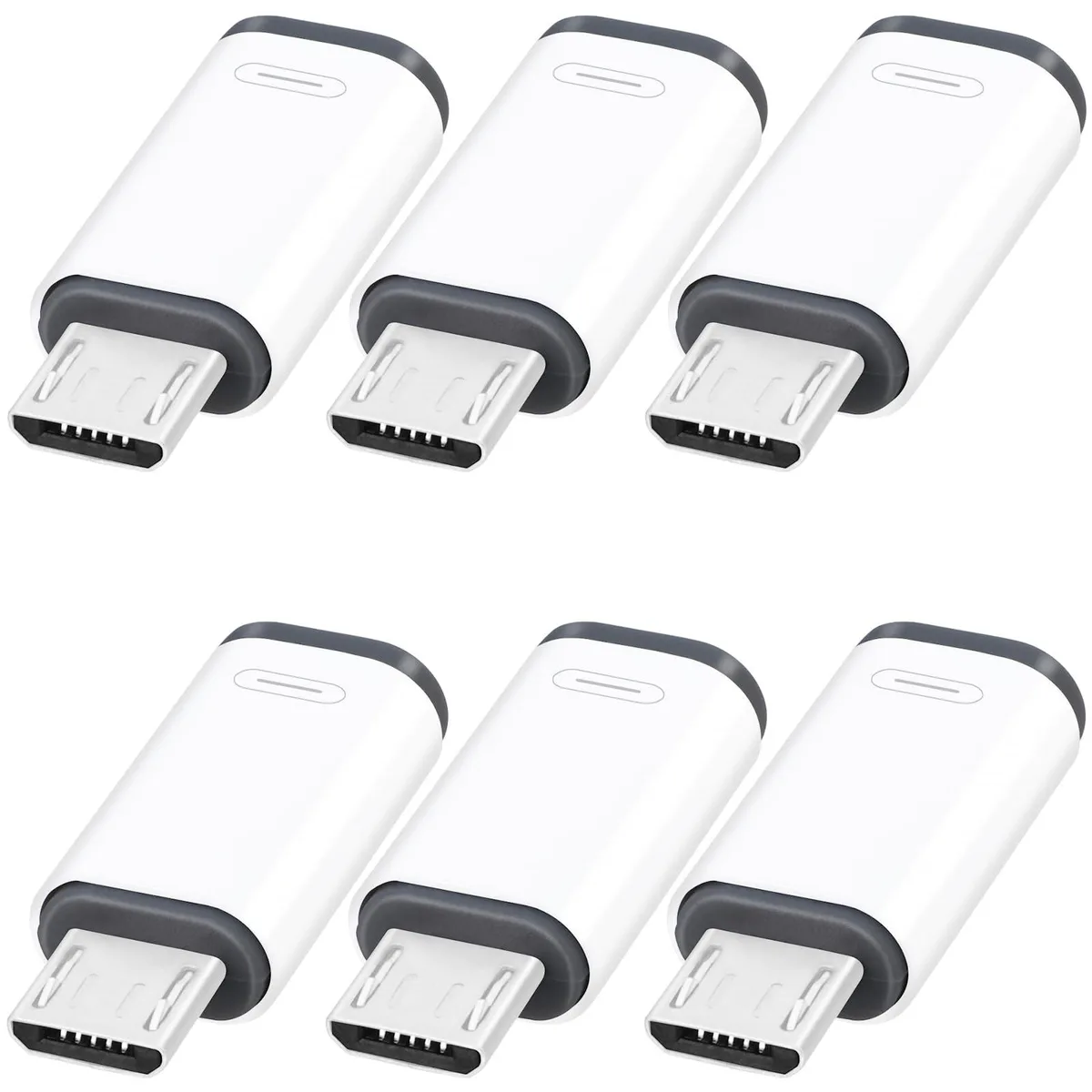 Six white Micro USB to USB-C adapters in a pack
