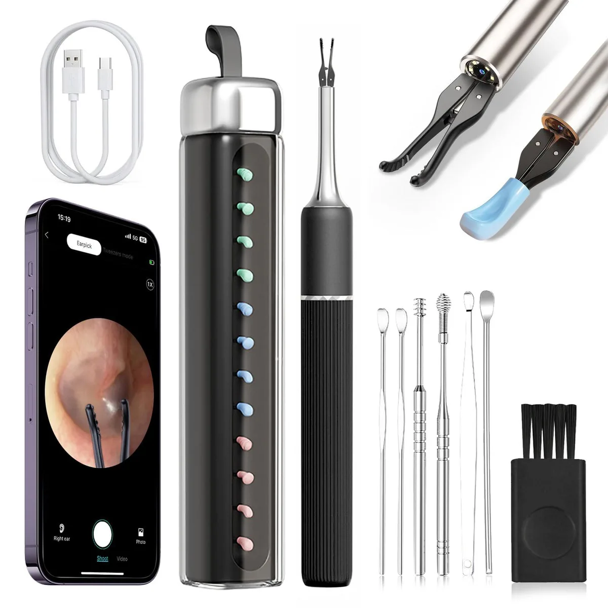 Black wireless ear cleaner with 10 MP camera, omnidirectional tweezers, 12 spoons, storage case