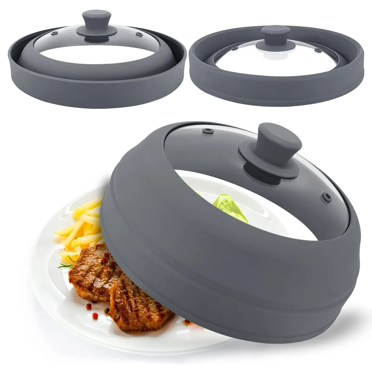 A clear 10.5 inch tempered glass disc with a collapsible silicone rim and a vented knob handle, shown folded flat to 2.2 inch height