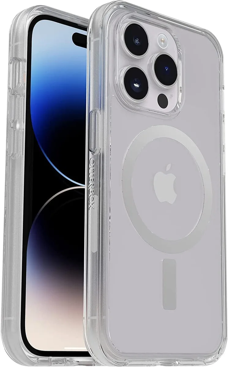 Clear OtterBox Symmetry Series+ case for iPhone 14 Pro with raised edges and MagSafe compatibility
