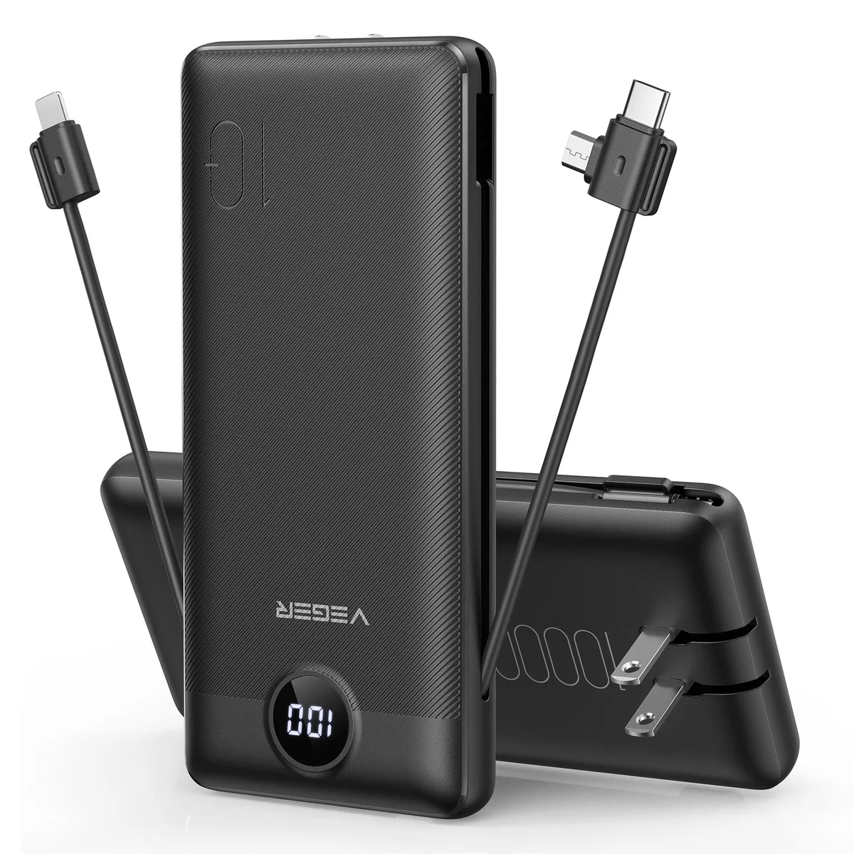 VEGER V1115 10000mAh power bank with built-in cables and wall plug — product photo