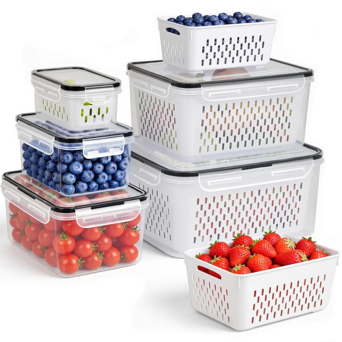 Five clear rectangular food containers with lids and removable colanders, nested by size