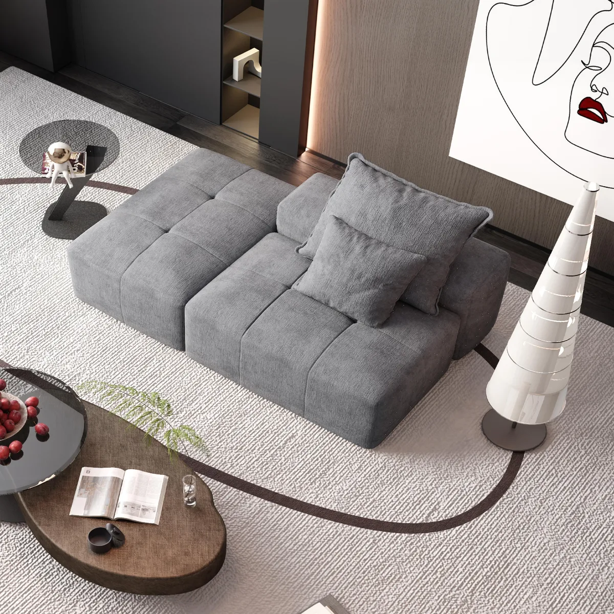 Grey modular sectional sofa with sparkling chenille fabric and tufted cushions