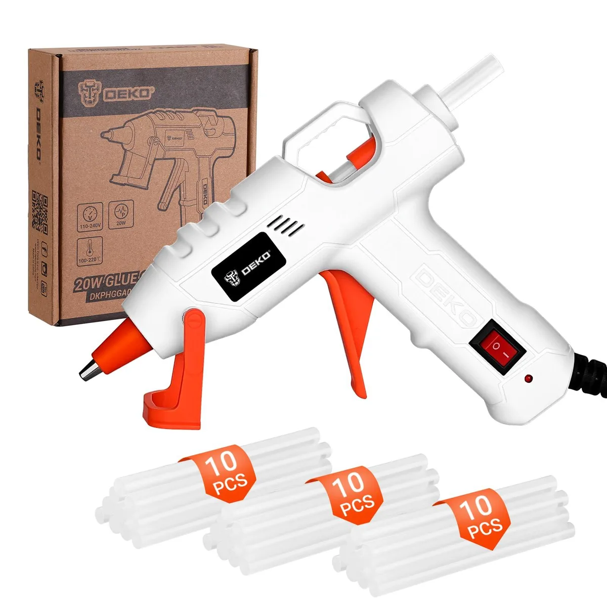  DEKOPRO DKPHGGA002C1 20W Hot Glue Gun Kit 30 Sticks 55-Inch Cord White — product photo