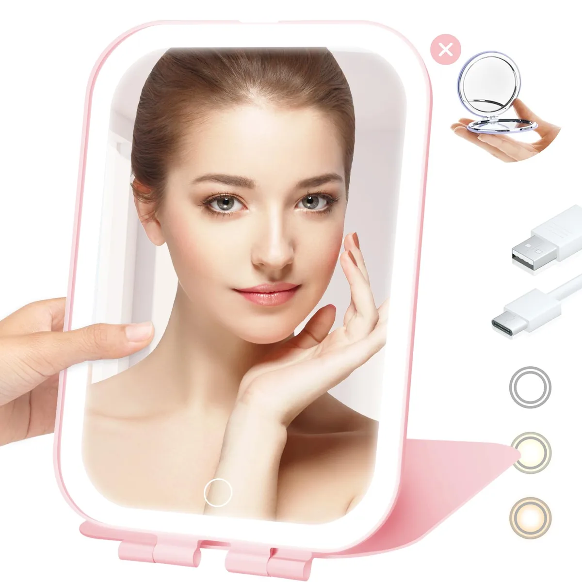 Pink rectangular foldable mirror with touch controls and built-in light