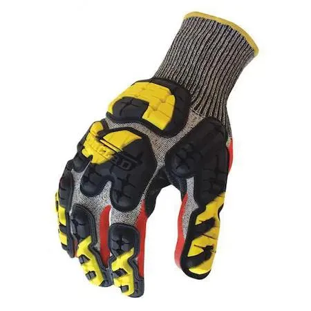 Pair of grey seamless knit impact gloves with nitrile palm coating and gauntlet cuffs