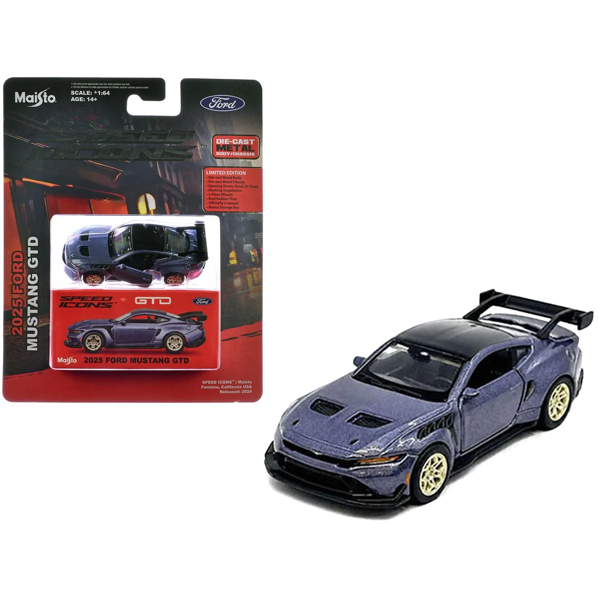 Maisto Maisto 2025 Ford Mustang GTD Purple Metallic Black Top Speed Icons 1/64 Diecast Hobby Collectible — product photo
