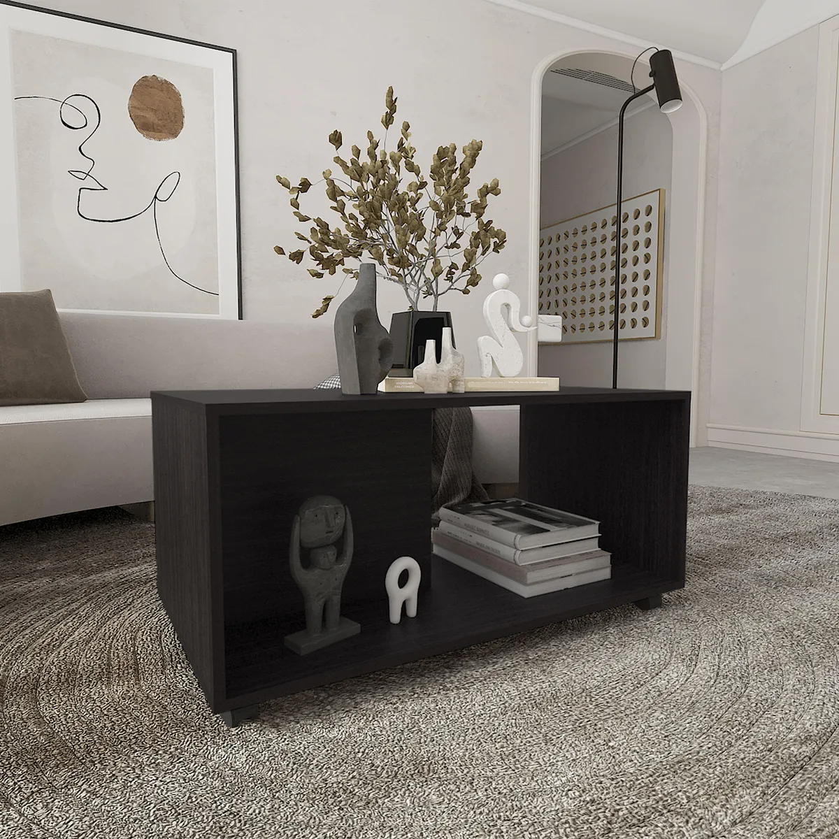 Rectangular black wengue coffee table on four casters, 36 wide 19.8 deep 17.8 high