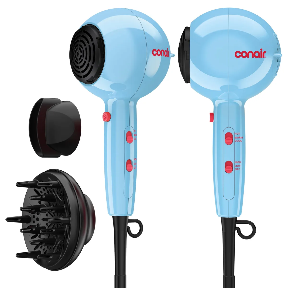 Compact blue hair dryer with rounded shape, diffuser and concentrator attachments