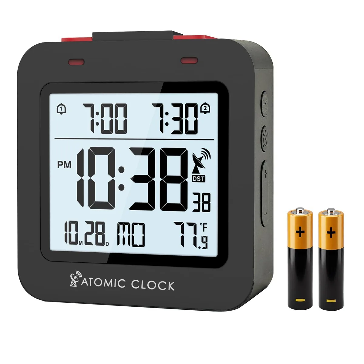 Small white rectangular digital alarm clock with LCD display showing time date and temperature top
