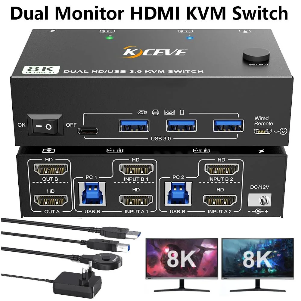 IHDAPP IHDAPP 2-Port Dual Monitor HDMI KVM Switch 8K@60Hz 4K@144Hz 4×USB 3.0 Wired Remote — product photo