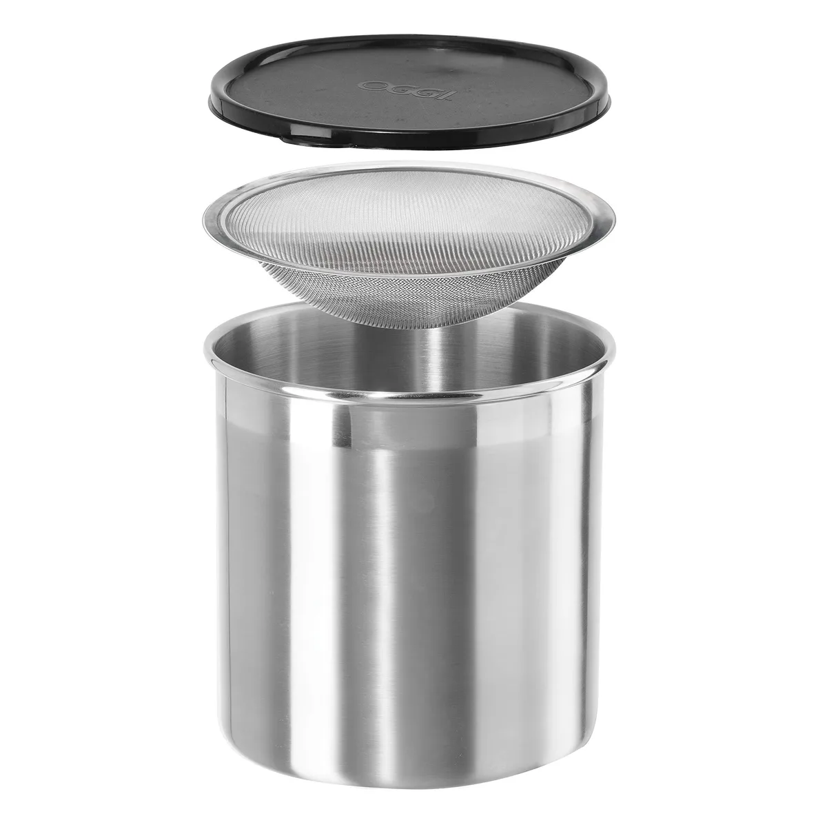 Red stainless steel grease container with strainer insert and clamp lid