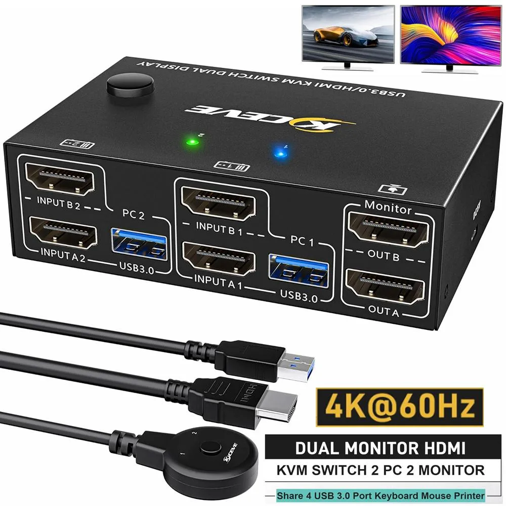 IHDAPP IHDAPP KCKVM202A HDMI KVM Switch 2 Computer 2 Monitors 4K@60Hz USB 3.0 Wired Remote — product photo