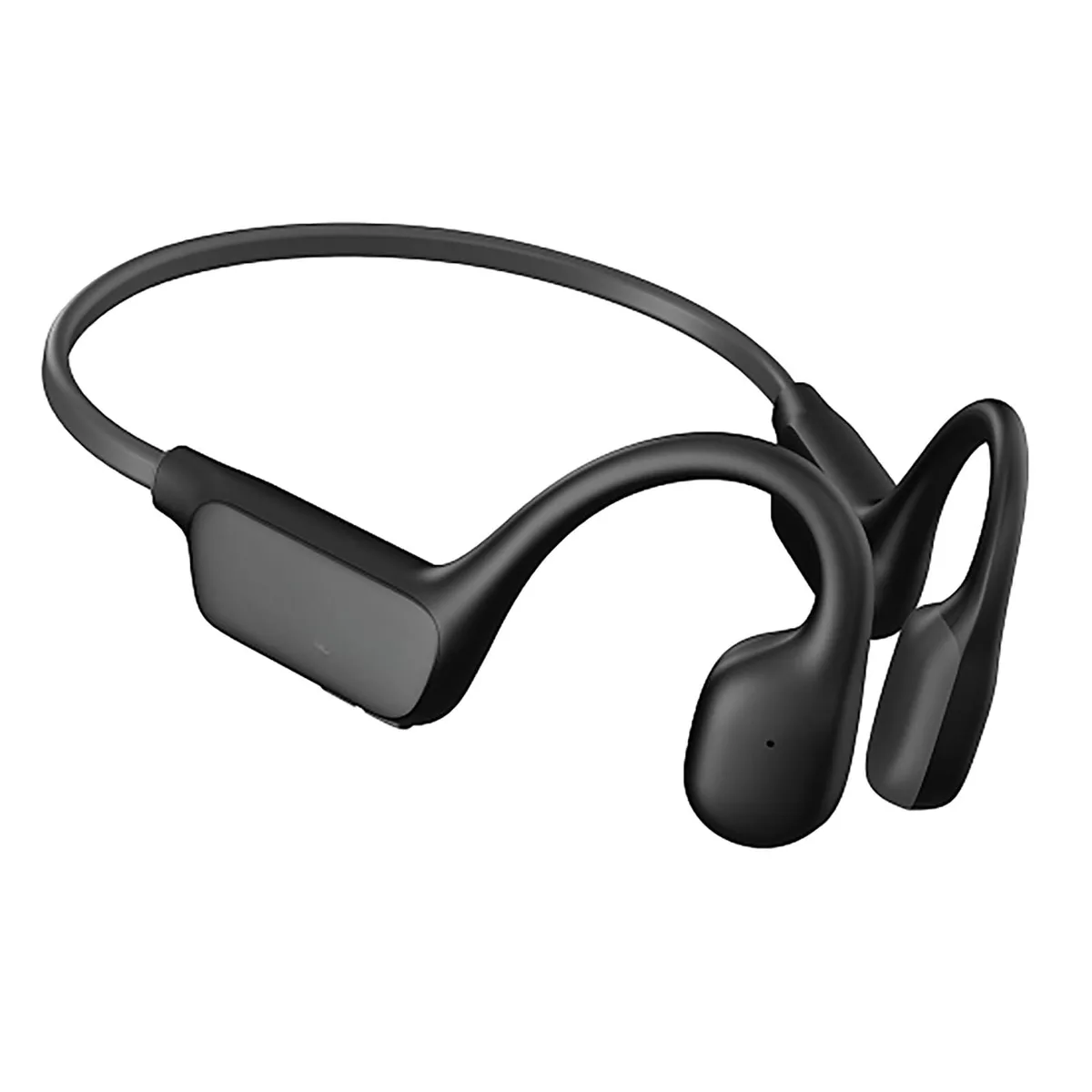 Black open-ear bone conduction headset, lightweight wraparound frame, no ear cups, built-in mic