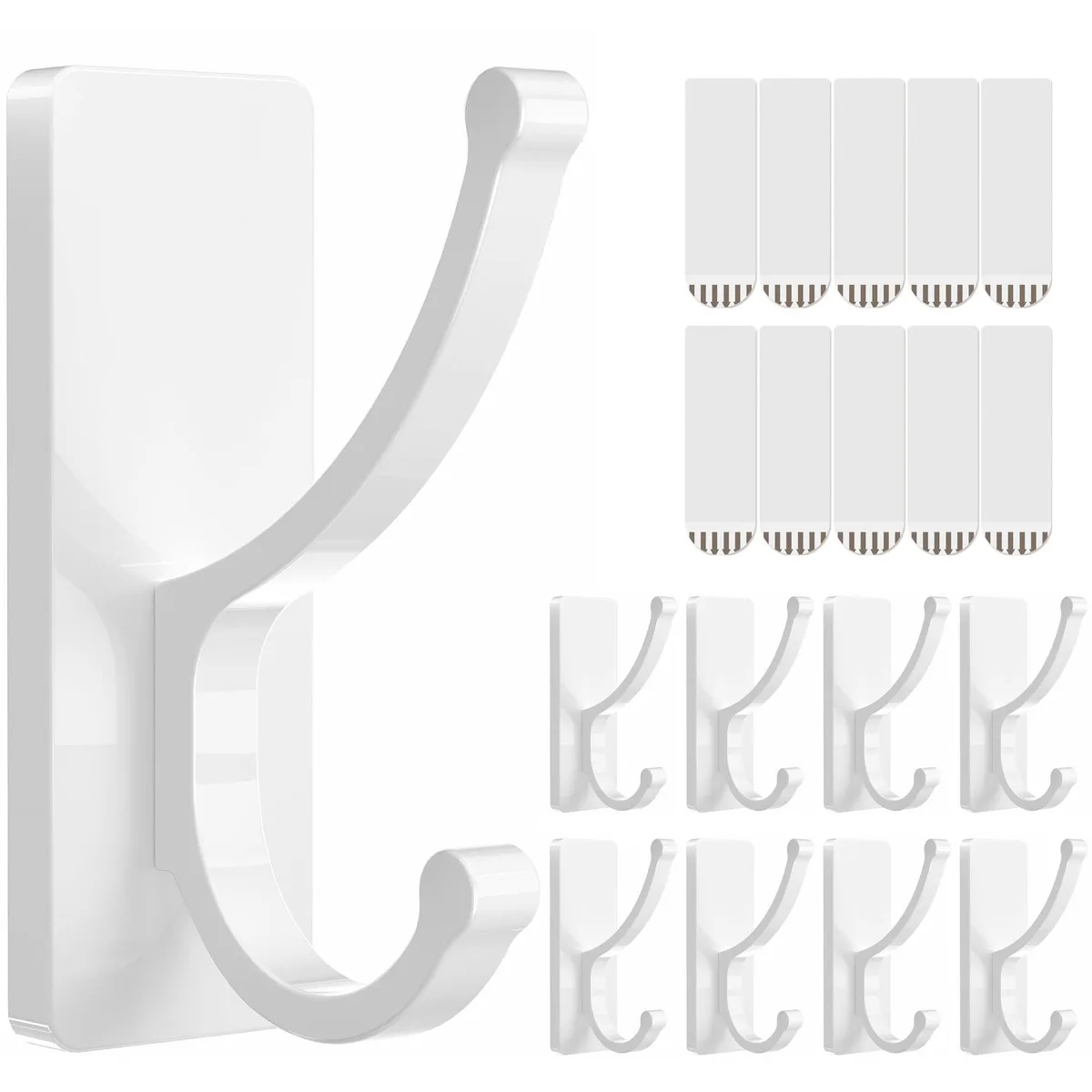 Eight white adhesive wall hooks with sticky backing, rectangular shape, smooth matte finish