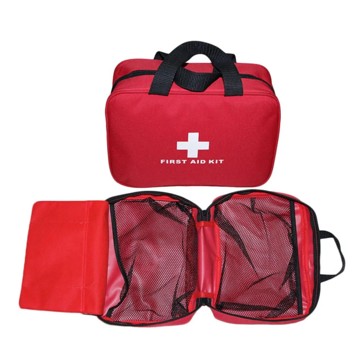 Red rectangular nylon first aid bag with zipper and carry handle