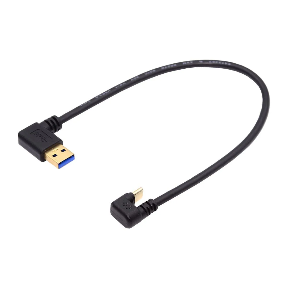 Short 30cm USB cable with left-angled Type-A and U-shaped back-angled USB-C connectors, gold-plated contacts