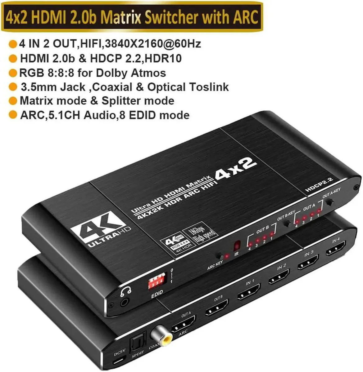 Vszerda Vszerda 4x2 HDMI Matrix Switch Splitter with SPDIF and 3.5mm Audio Extractor — product photo