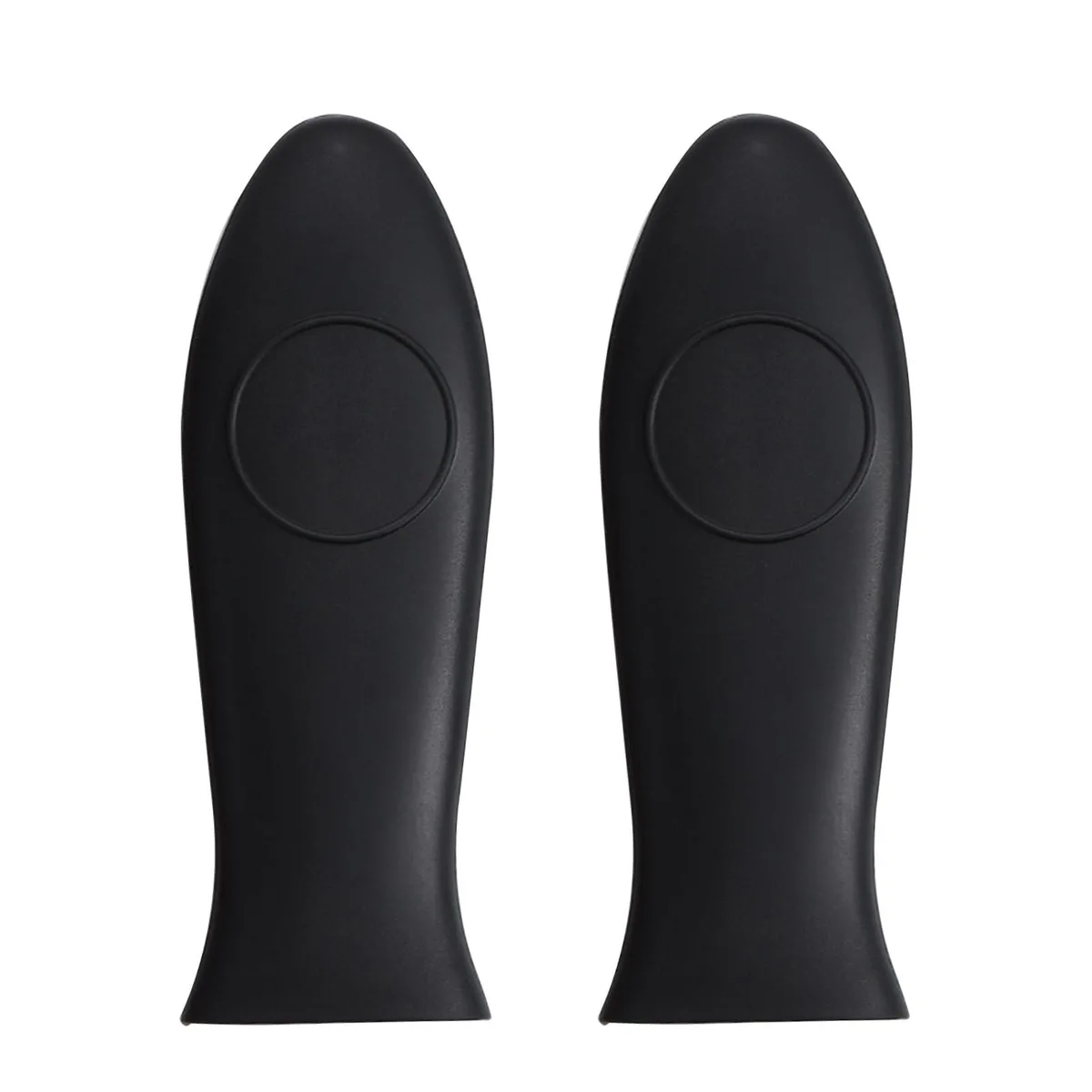 Two black silicone pan handle sleeves with textured grip and hanging hole