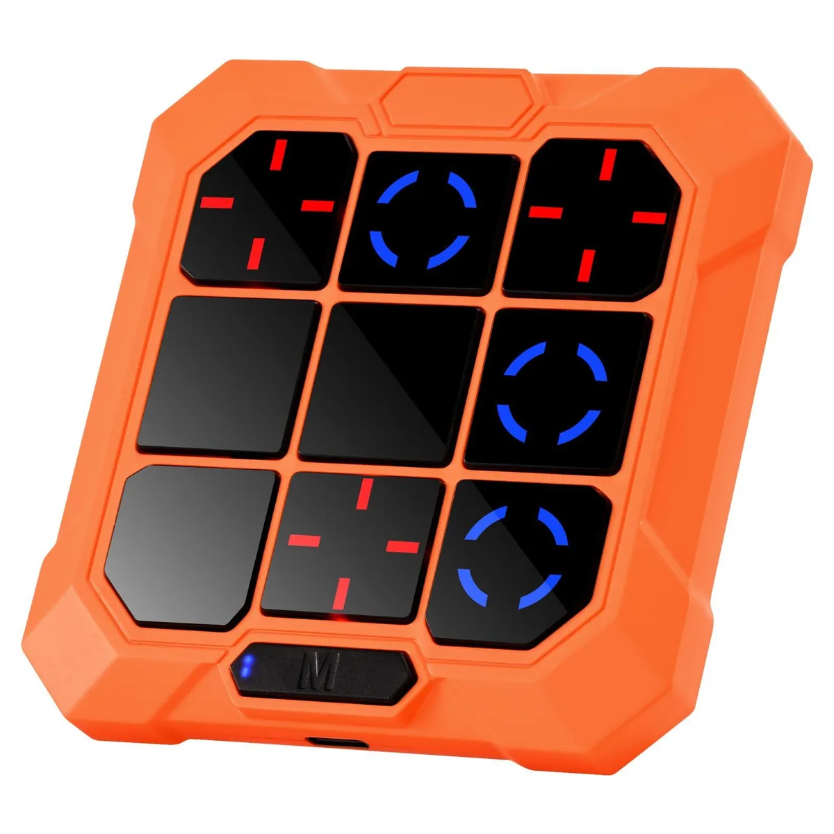 Black handheld electronic game console with button controls and light-up display