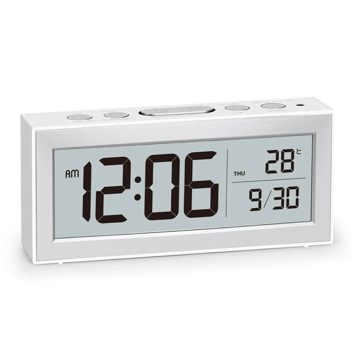 White rectangular digital alarm clock with large LCD display showing time date temperature