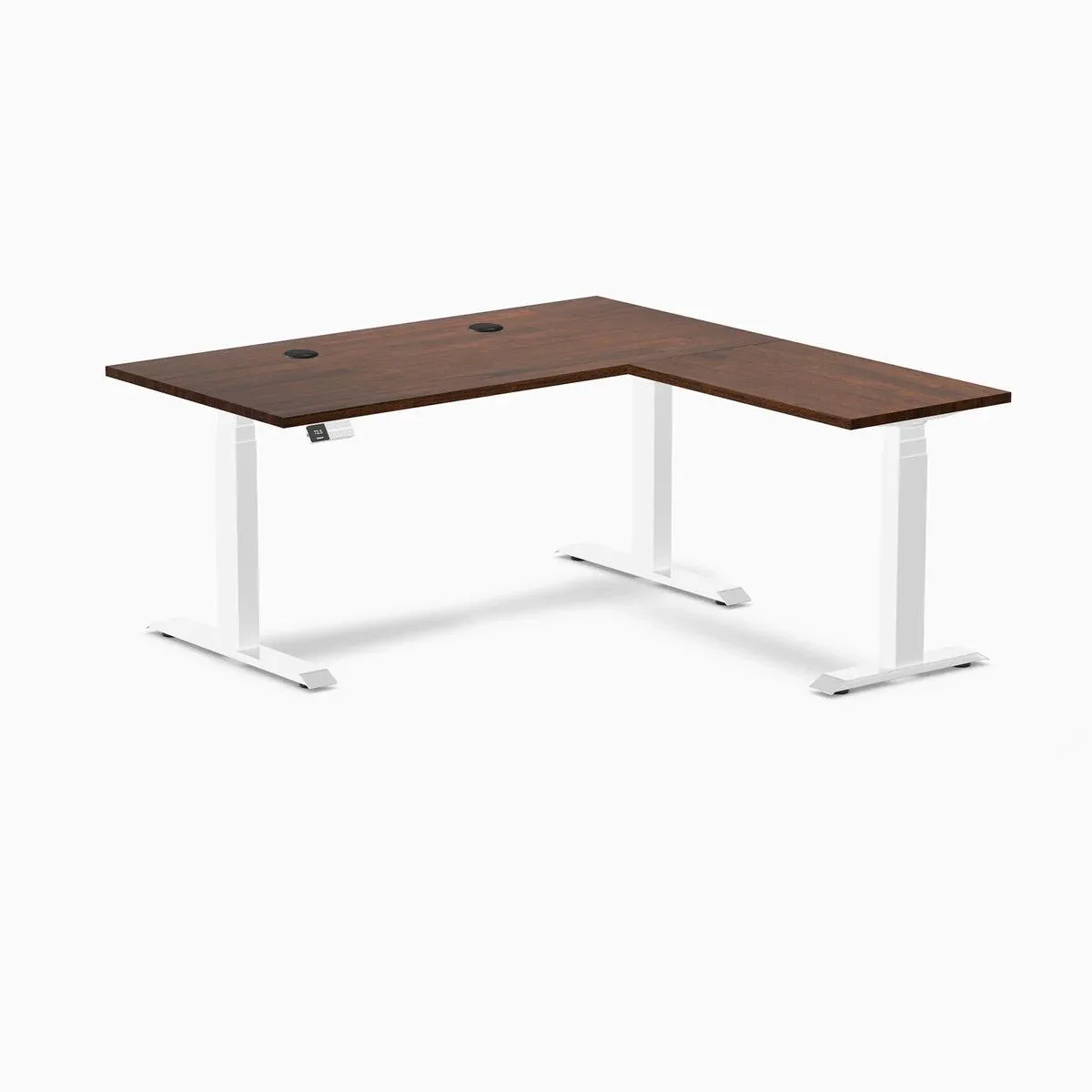 Desky Desky Rubberwood L-Shape Sit Stand Desk Red Walnut White 60x30x62x20 in with Grommets — product photo