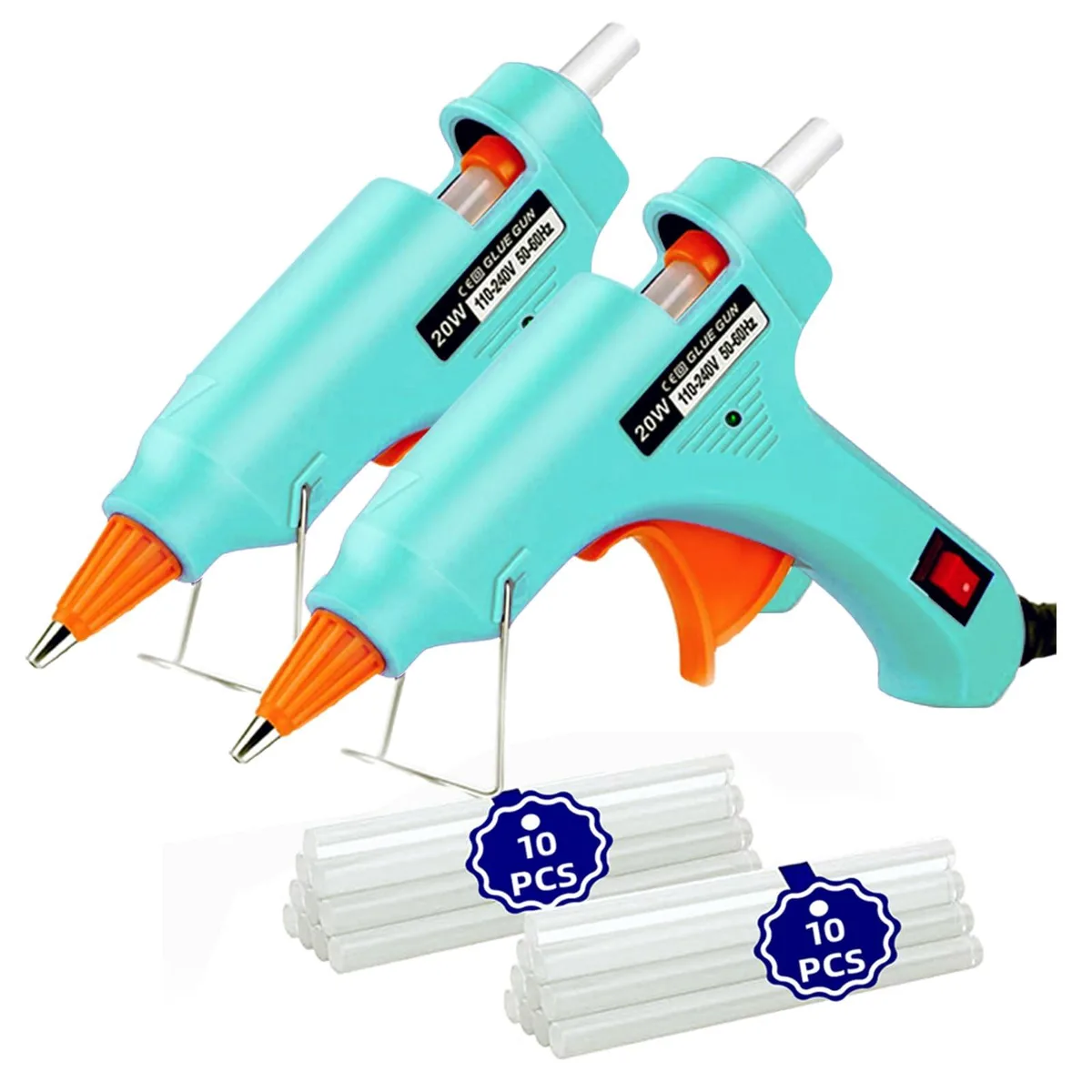 Two lake-blue mini glue guns with corded plugs and twenty glue sticks