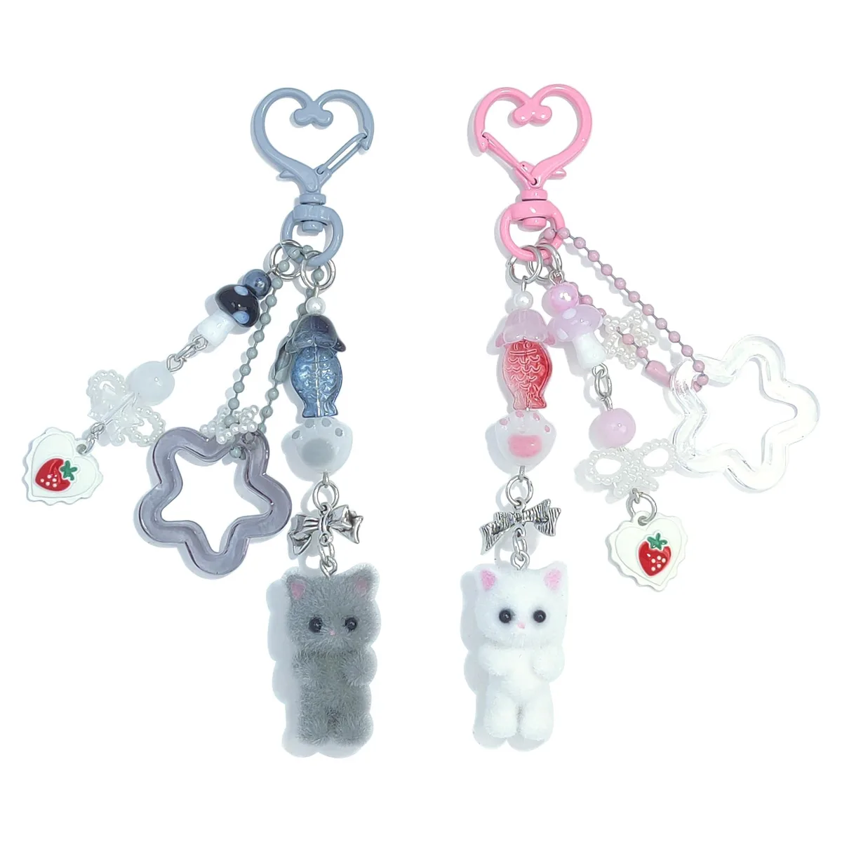  Cute Pink Keychain Fuzzy Cat Keychain 2PCS Grey Pink Cat Sets Jewelry Accessories — product photo