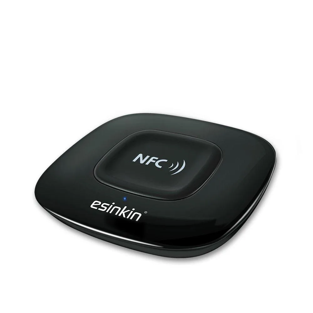 Black square Bluetooth receiver with NFC, 4.3 in sides, 1.0 in thick, 3.5 mm and RCA jacks
