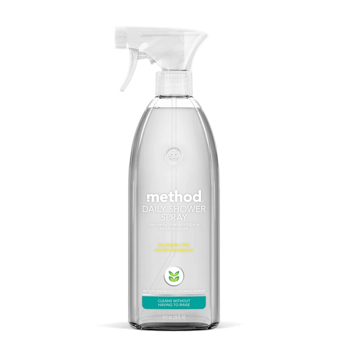 White 28 oz spray bottle with eucalyptus mint daily shower cleaner