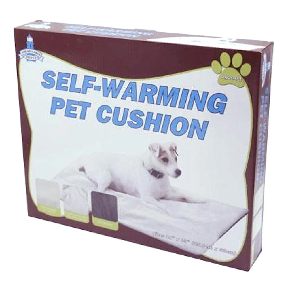 White rectangular pet cushion 18 by 25 inches with plush simulated sheepskin surface