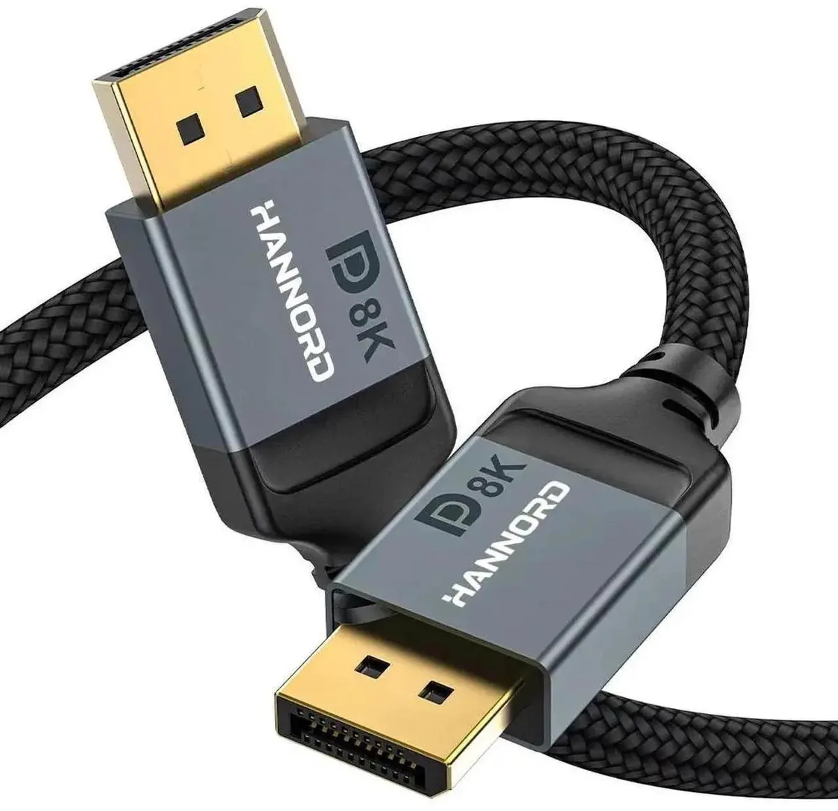 Grey nylon-braided DisplayPort cable with straight connectors, 3.3 ft long