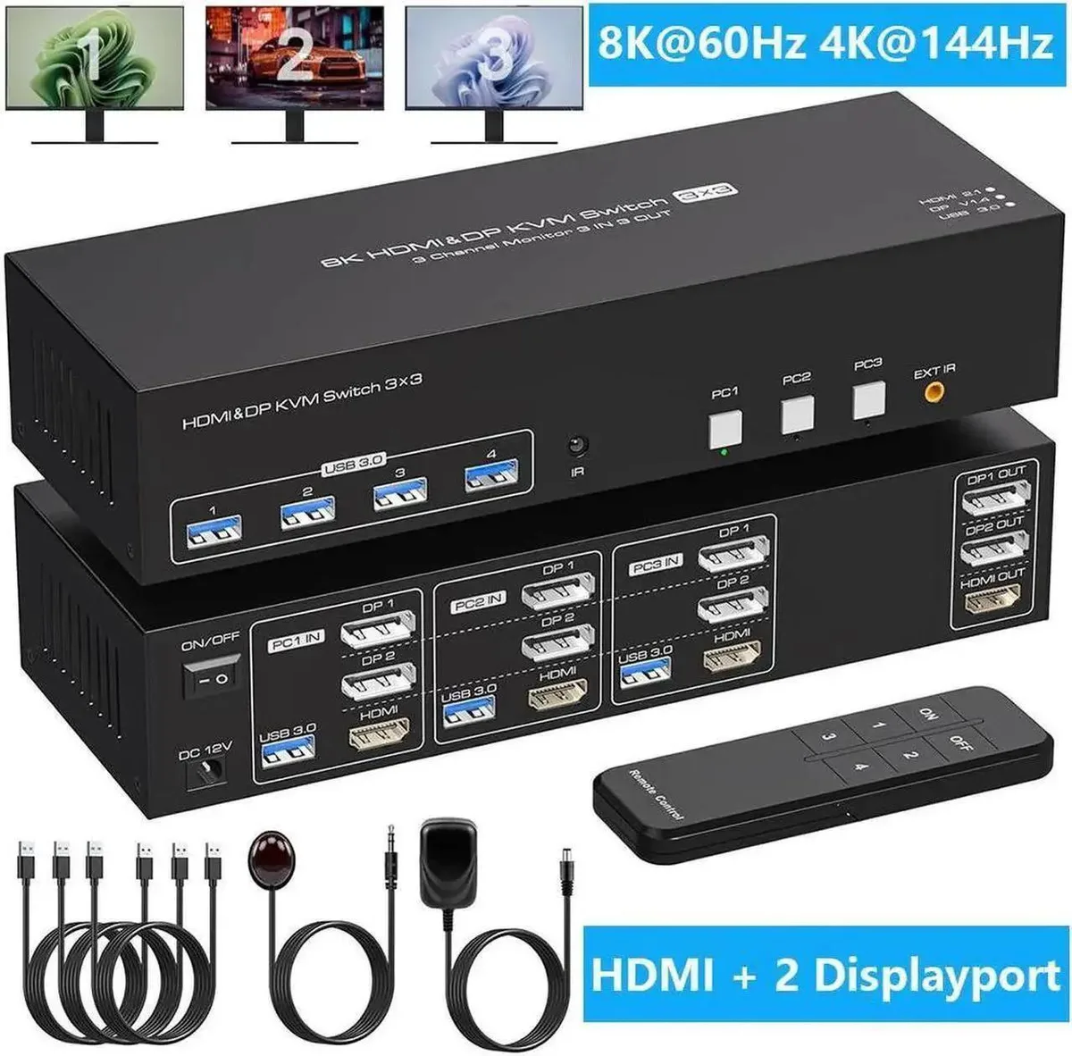 Vszerda Vszerda 8K@60Hz 1 HDMI 2 DisplayPort KVM Switch 3 PC 3 Monitors 4K@144Hz 4 USB 3.0 — product photo