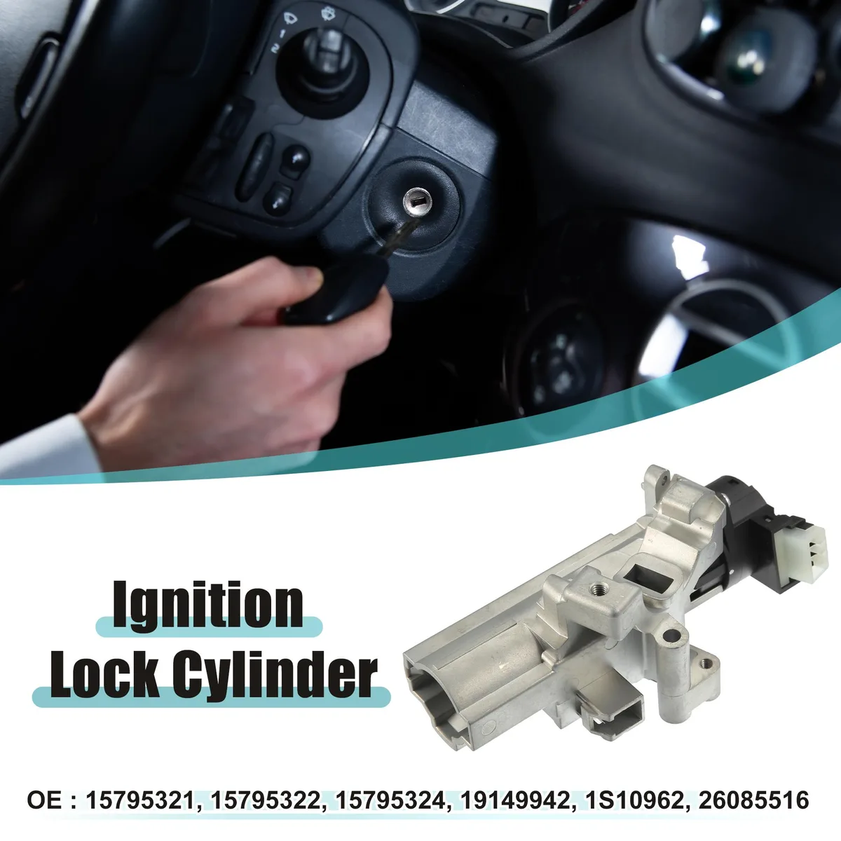 Silver-toned metal ignition lock cylinder with key slot and electrical connector, 14 by 6.5 by 6.3 cm
