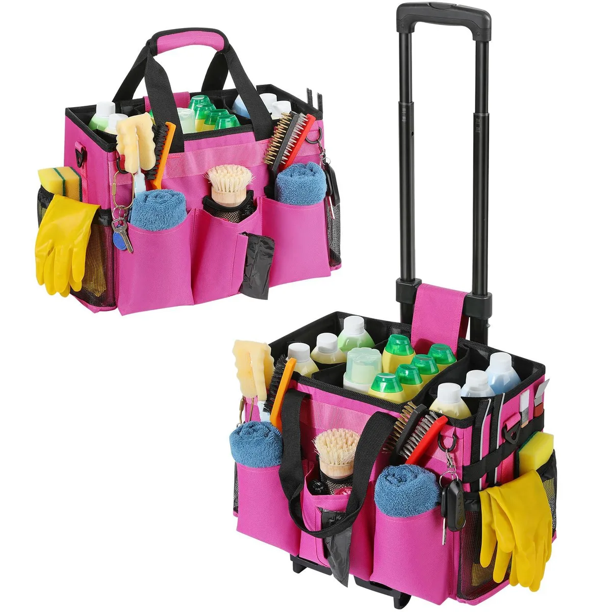 Rose Red cleaning caddy bag on detachable wheeled trolley, 900D waterproof Oxford fabric, 17 x 11 x 11 inches