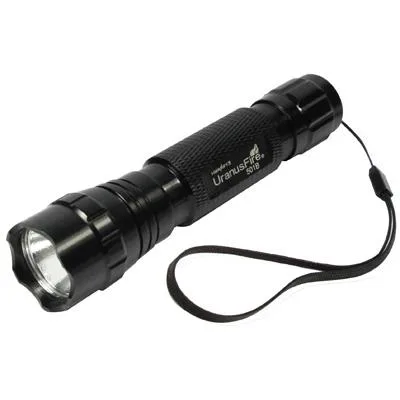 Black cylindrical LED flashlight with hand strap, 13.5 cm long