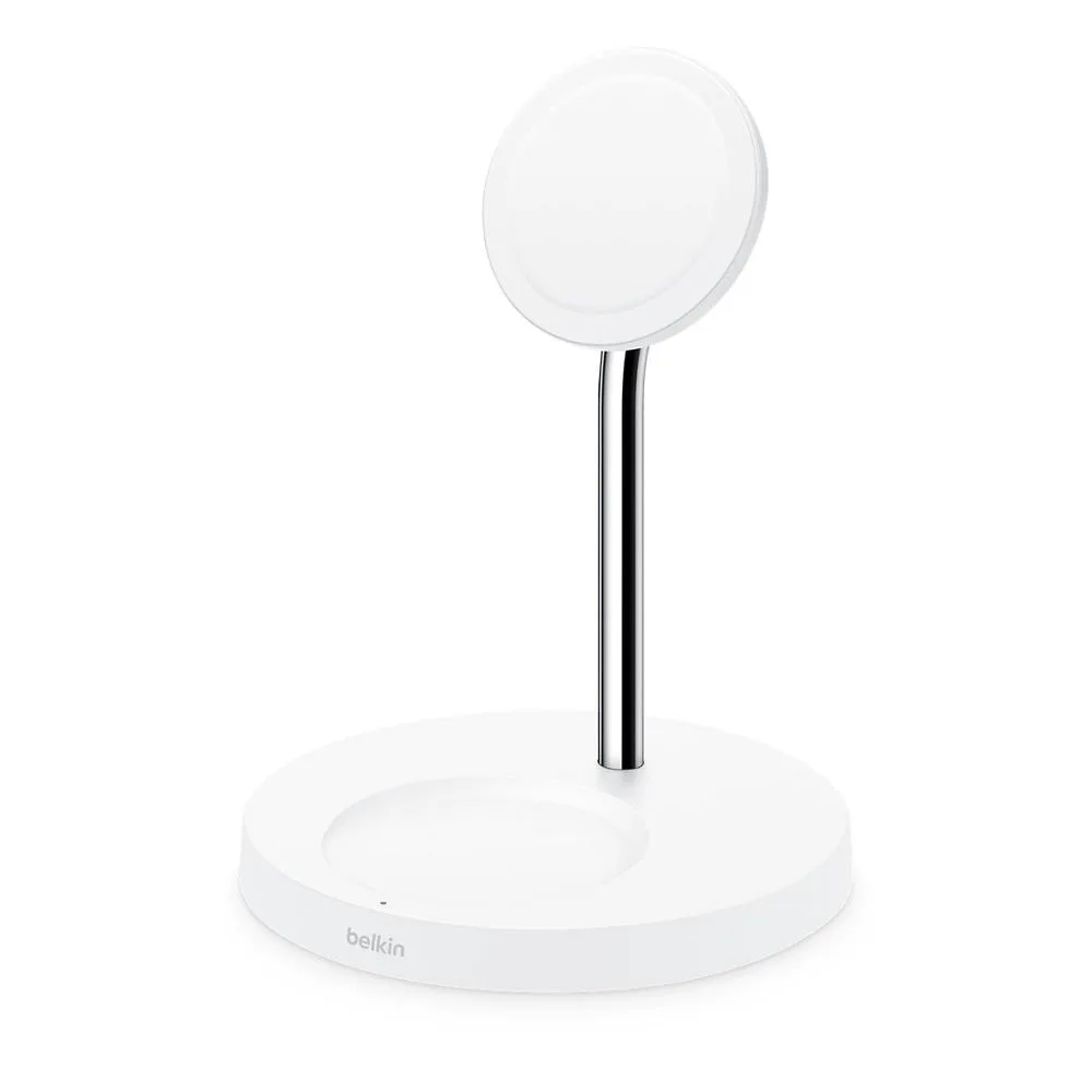 White two-tier MagSafe charging stand with phone and AirPods pads, LED light, USB-C power adapter