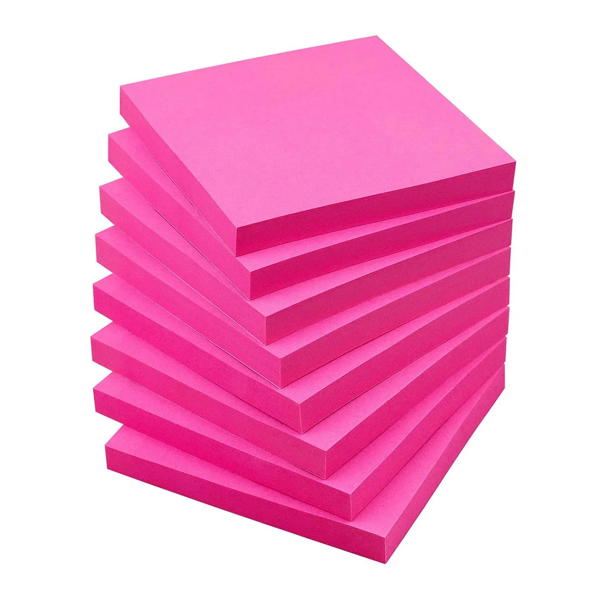 Eight square rose-red sticky-note pads in an open stack
