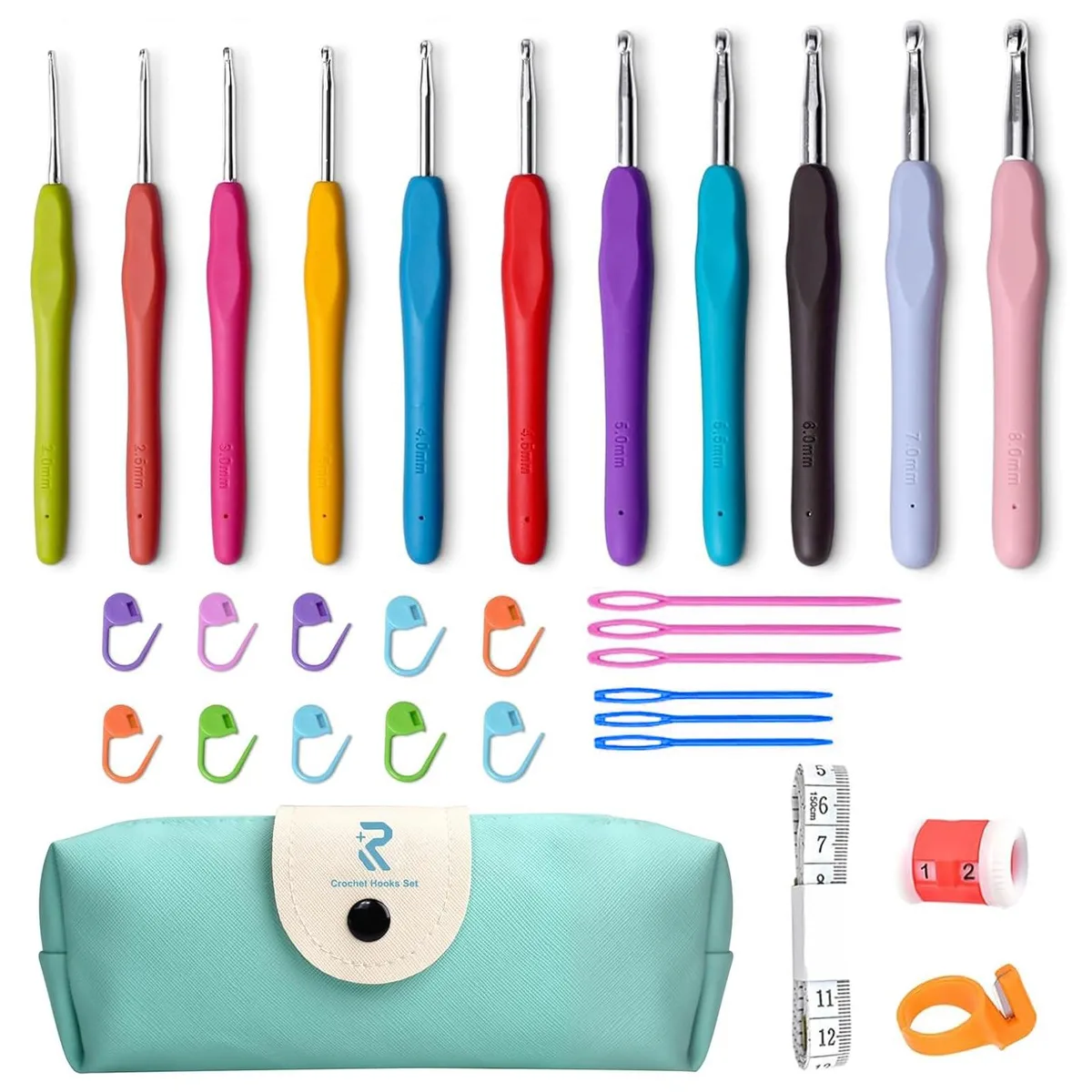 Open case showing 31 crochet hooks with soft handles and accessories