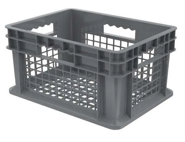Grey vented plastic storage tote, straight walls, no lid, stackable, 6.7 gal capacity
